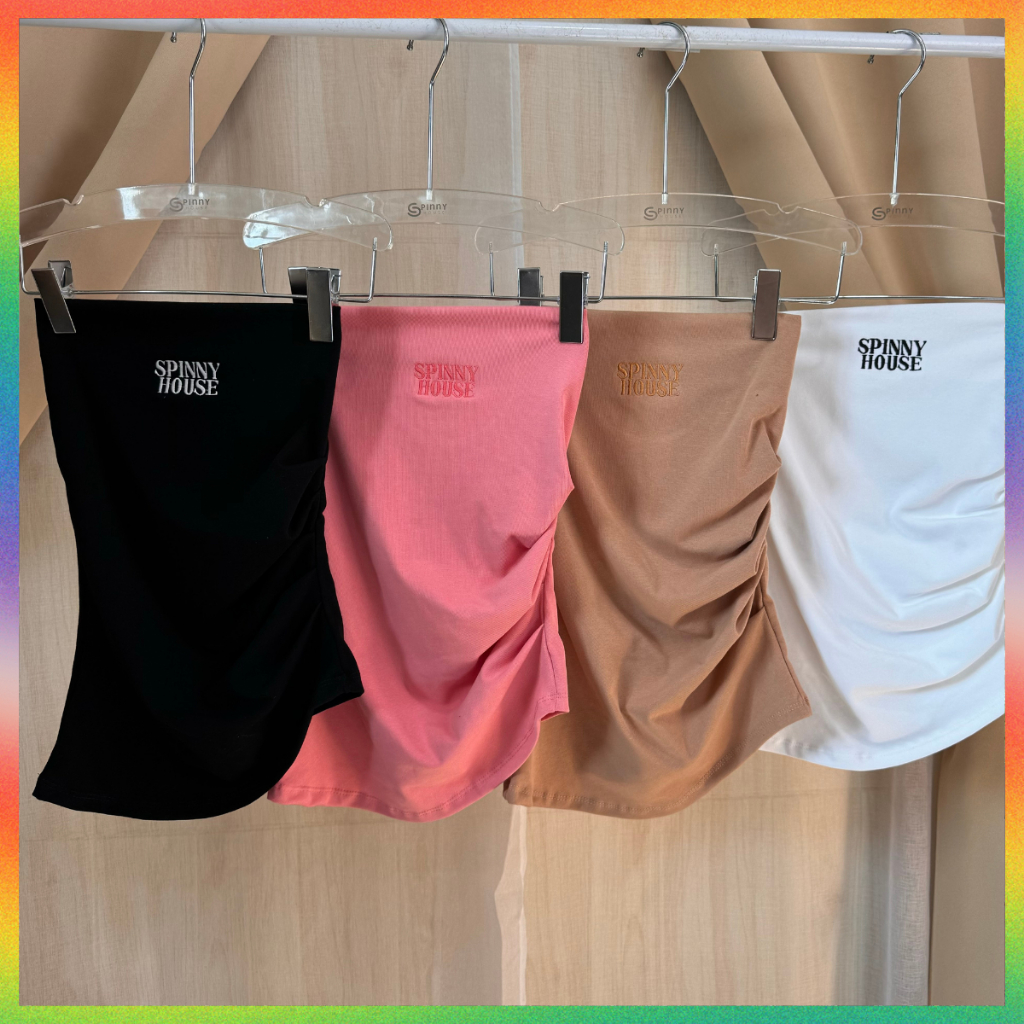 🌈MesubShop🌈เกาะอกปาดชายข้าง ผ้ายืดยูนิ แต่งจีบย่นข้าง 🫧 ปักโลโก้ช่วงอก สาวอวบใส่ได้ รุ่น เกาะอกปาดข้าง