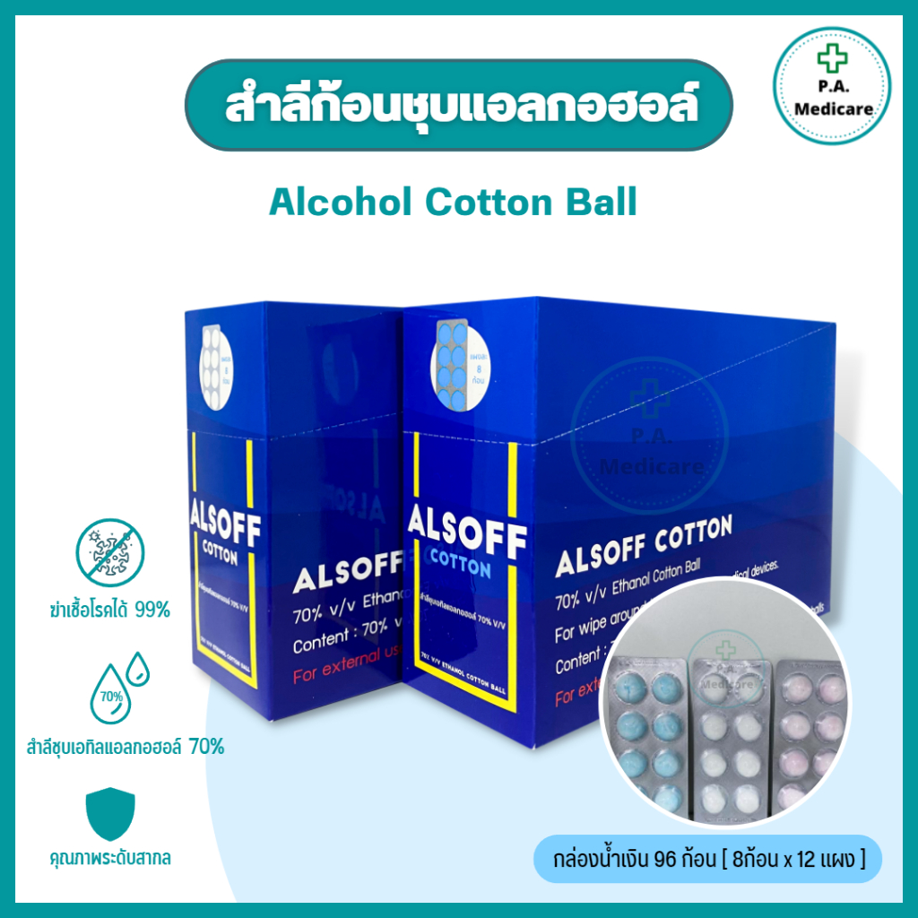 (ยกกล่อง) ALSOFF สำลีก้อนชุบแอลกอฮอล์ 96 ก้อน (12 แผง/กล่อง) สำลีชุบแอลกอฮอล์ 70% v/v สำลีเช็ดแผล สำลีก้อนทำความสะอาด