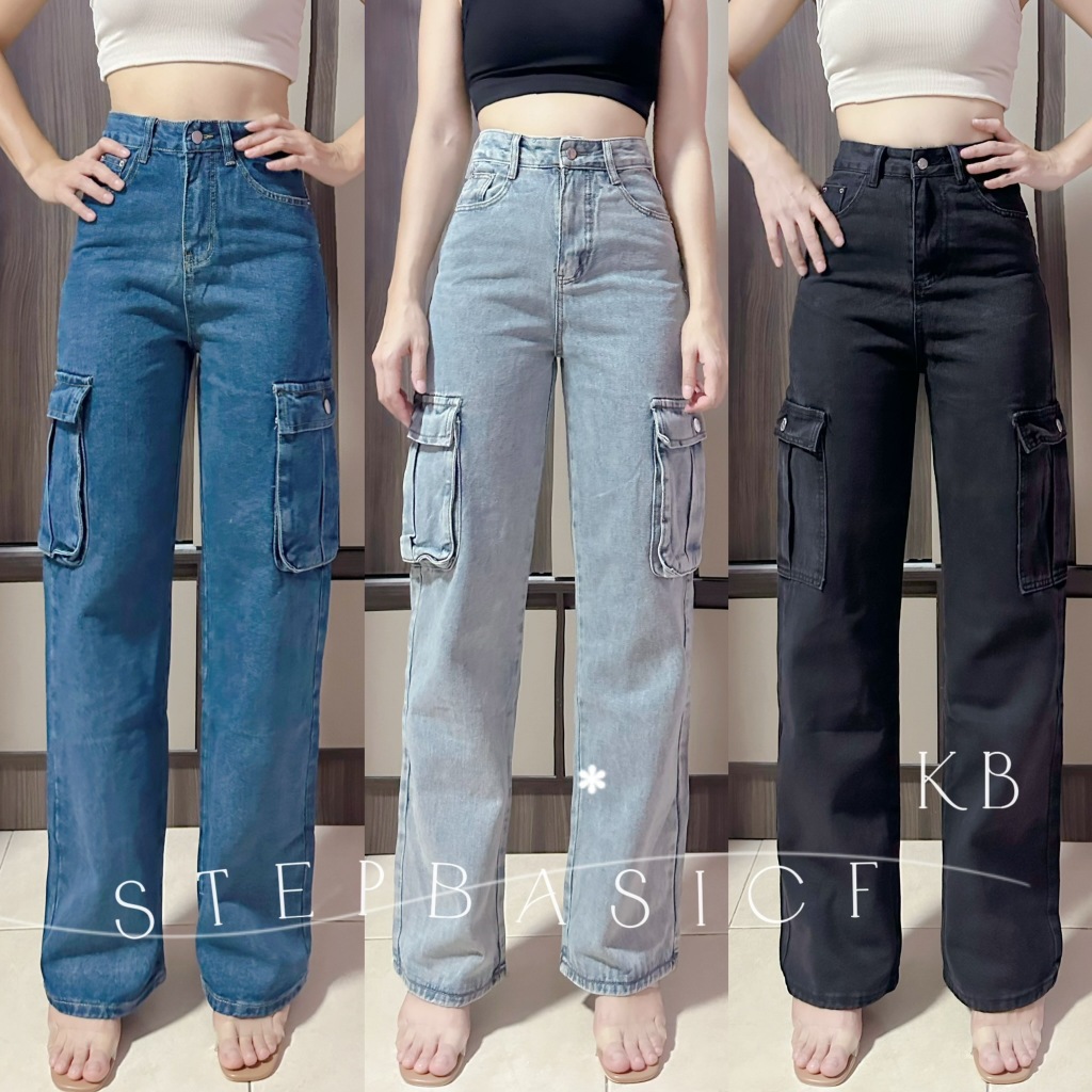 MAYGAN studio (S-2XL) กางเกงยีนส์ คาร์โก้ ทรงกระบอกกลาง ผ้าไม่ยืดแต่นิ่มใส่สบายมากๆ ด้วยความหนาที่กำลังพอดีสำหรับผู้หญิง