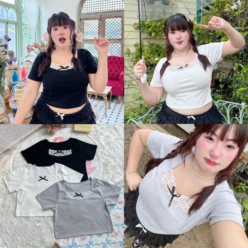 เสื้อครอปคอเหลี่ยม เสื้อครอปสาวอวบ อก38-50นิ้ว plussize (มีไซซ์)