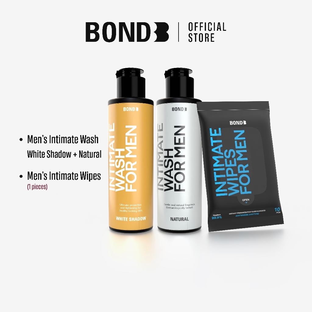 Bond Men's Intimate Wash White Shadow 130 ml. (สูตรบำรุง) + Natural 130 ml. (สูตรอ่อนโยน) + Bond Men's Wipes 1 ห่อ