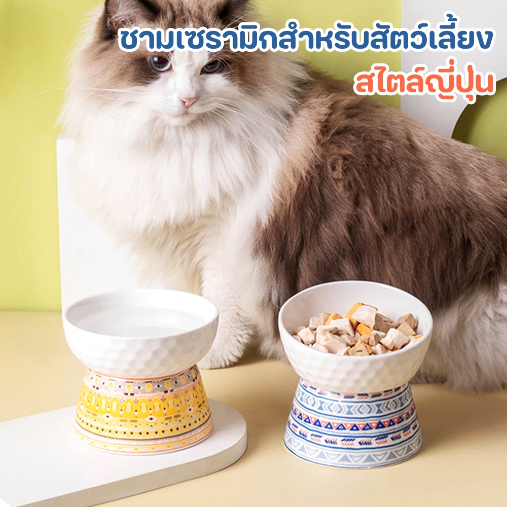 Furry Diary ชามอาหารแมวเซรามิก จานอาหารแมว ชามอาหารแมว สไตล์ญี่ปุ่น แบบเอียง
