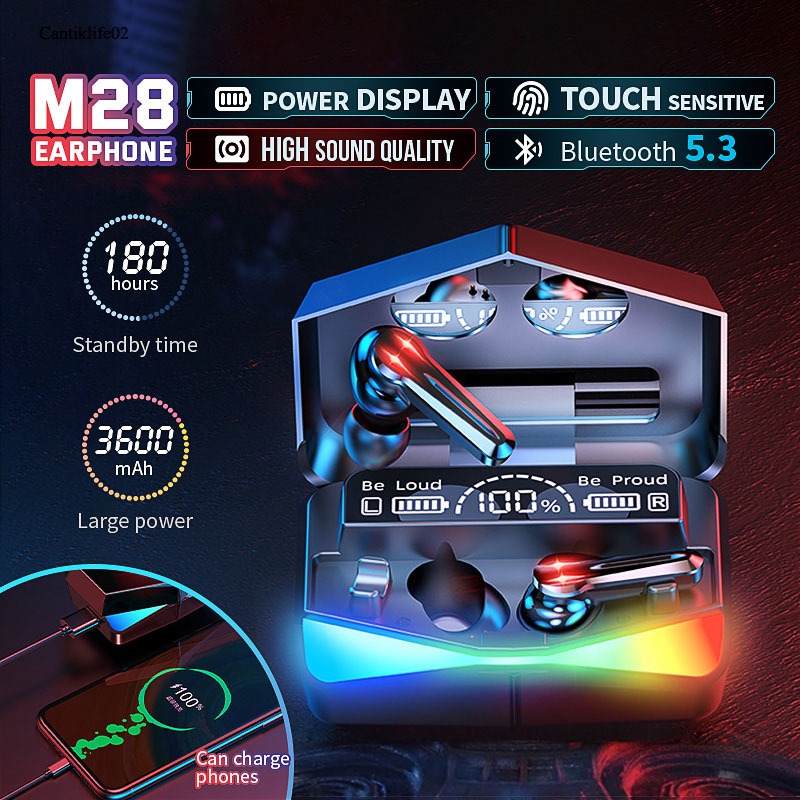 ชุดหูฟังไร้สายบลูทูธ M28 TWS ชุดหูฟังสำหรับเล่นเกมกระจกจอแสดงผล LED ลดเสียงรบกวน กันน้ํา ความล่าช้าต่ํา สําห