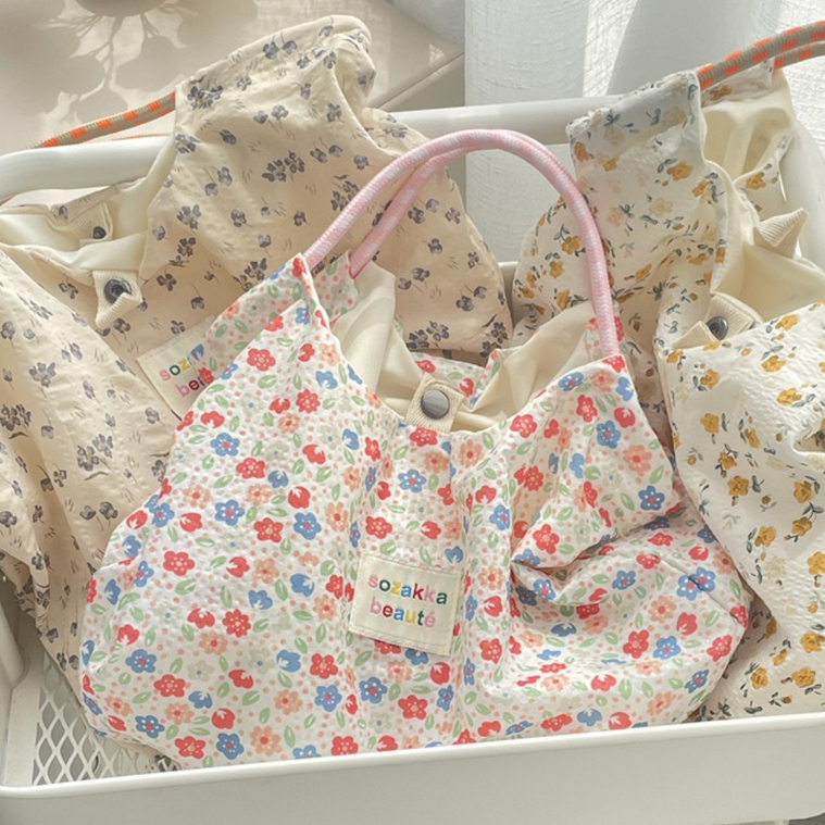 พร้อมส่งจากไทย 221 Flower Tote Bag กระเป๋าผ้าสะพายข้าง จุของได้เยอะ