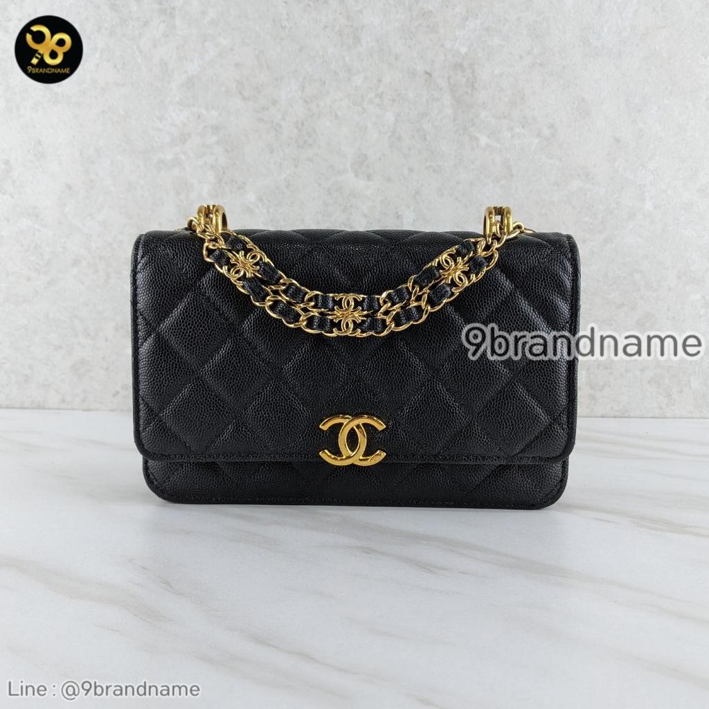 Chanel WOC Large Double Chain Black Grained Calfskin Leather Flap Bag GHW Crossbody Bag มือสอง ก่อนส