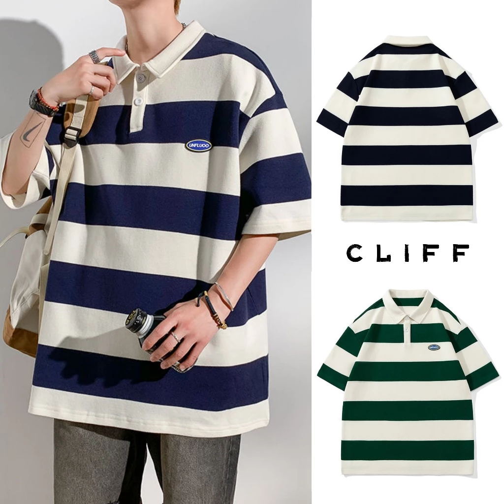 CLIFF เสื้อโปโลผู้ชาย แขนสั้นสำหรับผู้หญิง เสื้อคอปก ชุดคู่รัก แมทช์ลุคง่าย ลายทาง ลำลอง