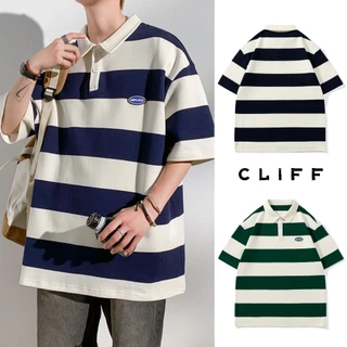 CLIFF เสื้อโปโลผู้ชาย แขนสั้นสำหรับผู้หญิง เสื้อคอปก ชุดคู่รัก แมทช์ลุคง่าย ลายทาง ลำลอง