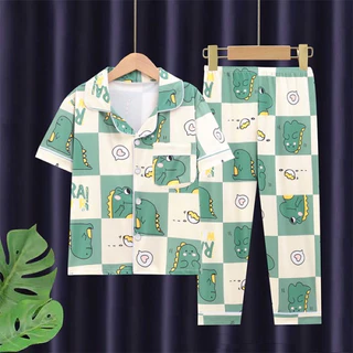 ชุดนอนเด็ก ชุดเซ็ตเสื้อเชิ้ตแขนสั้นกางเกงขายาว ขนาด110-160 พร้อมส่งจ้