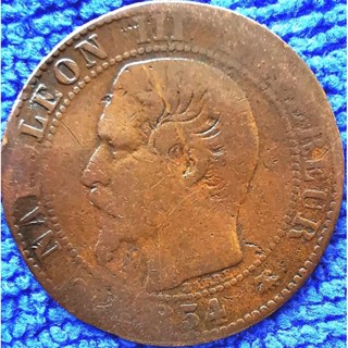 เหรียญ​ฝรั่งเศส​อายุ​160กว่า​ปี​ France, 5 Centimes, (ยุค​Napoleon​ III), #​2768T, ใช้แล้ว