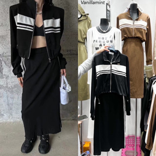 🌈🌿🌺🌸🌼🧡🤎🇰🇷 Cotton Long Sleeve Zip Top&amp;Long Skirt Rim Stripe Set