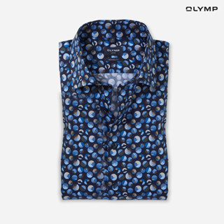 OLYMP GREEN CHOICE LUXOR Shirt เสื้อเชิ้ตชายแขนสั้นรักษ์โลก สีกรมท่า ลายพิมพ์กราฟฟิก ทรงหลวม ใส่สบาย รีดง่าย