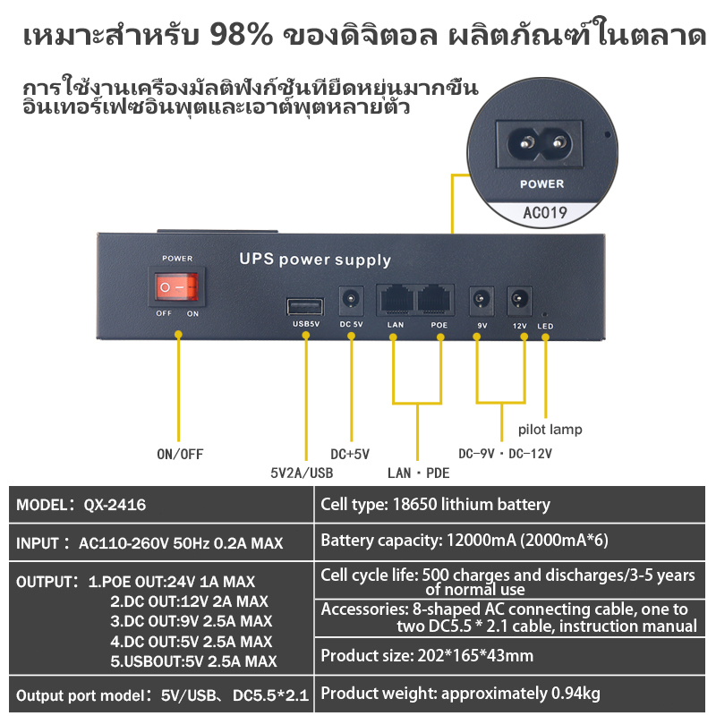 UPS สำรองไฟ 5V/9V/12V/POE 24V แหล่งจ่ายไฟสำรองแบตเตอรี่ UPS ขนาดเล็กสำหรับ WiFi เราเตอร์กล้องวงจรปิด POE NVR