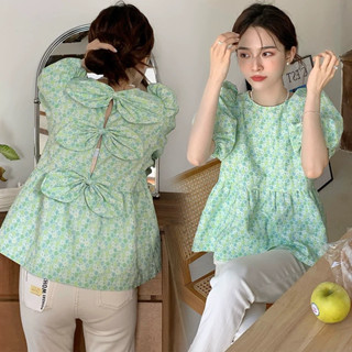 Theyourlooks พร้อมส่ง Green flower top เสื้อแขนตุ๊กตา ลายดอกไม้