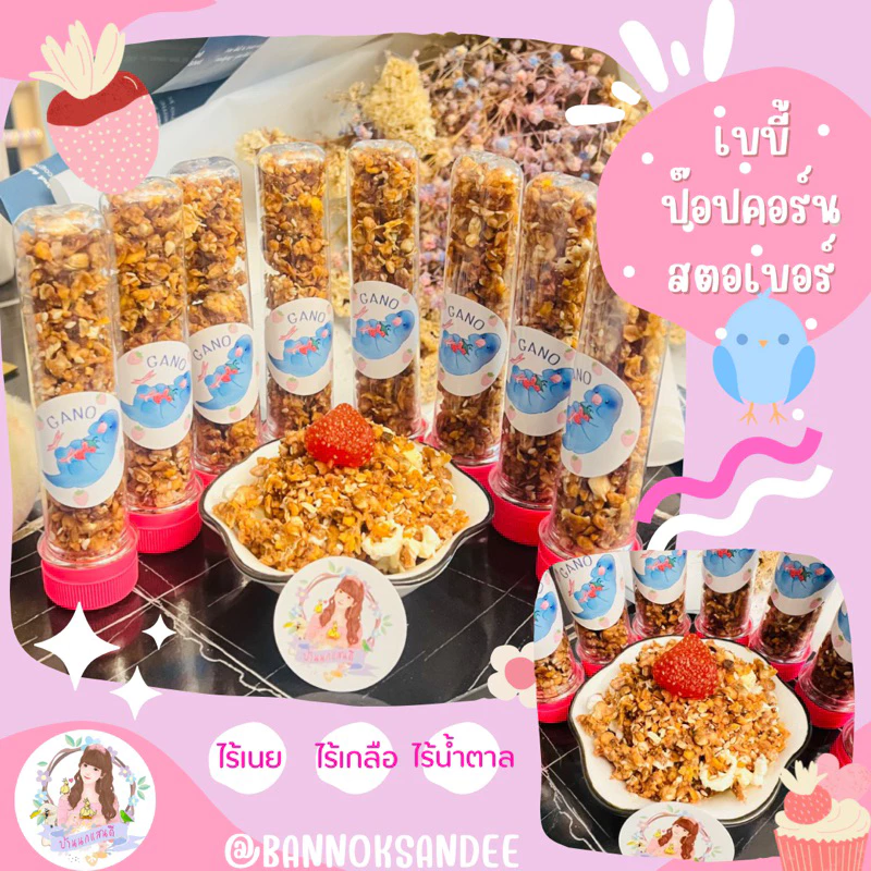 ขนมนก เบบี้ ป๊อปคอร์นรสสตอเบอรี่ มันม่วง บีทรูท ขนาดทดลอง30ml