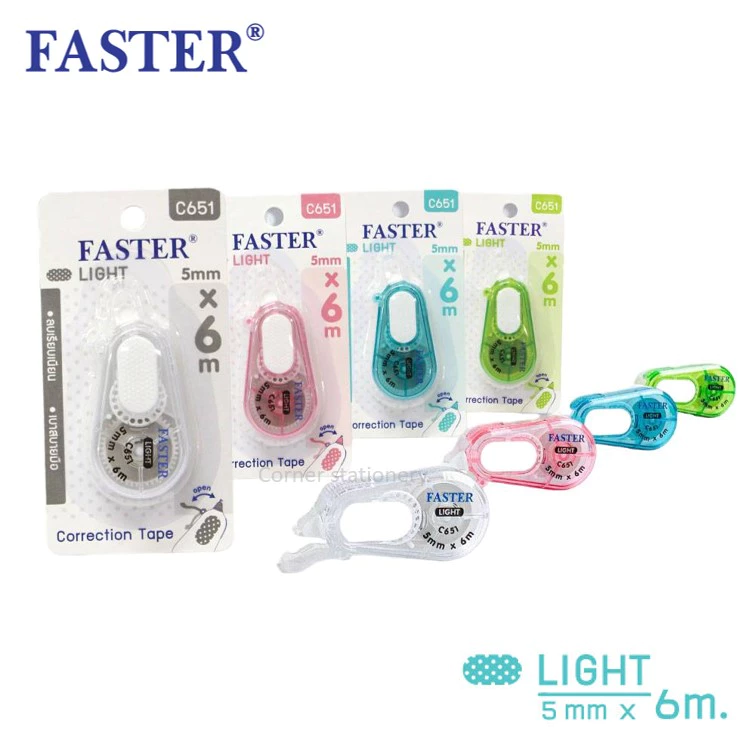 เทปลบคำผิด faster (ฟาสเตอร์) รุ่น LIGHT C651 ยาว 6 เมตร กว้าง 5 มม.มีขอบกันเทปตกร่อง จับถนัดมือ