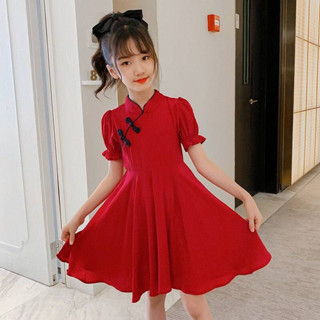 (พร้อมส่ง)  ชุดเด็กหญิง ชุดจีน เดรสกระโปรงสีเเดง ผ้าดีใส่สบาย