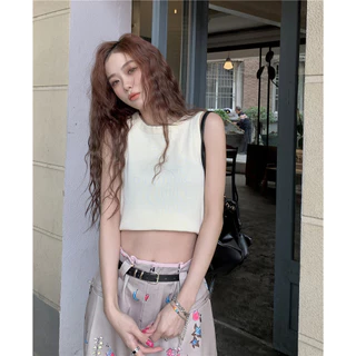 ส่งทันที Cici(NO. 25053)เสื้อกล้ามไหมพรมลายทาง/สีพื้นคอกลม ทรงเบสิคน่ารักแมทซ์ง่าย