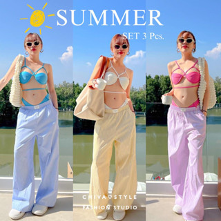 -𝐂𝐡𝐢𝐯𝐚- (พร้อมส่ง ครบสี )‼️Summer set | เซ็ตบิกินี่ + กางเกงขายาวลายริ้ว 3 ชิ้น