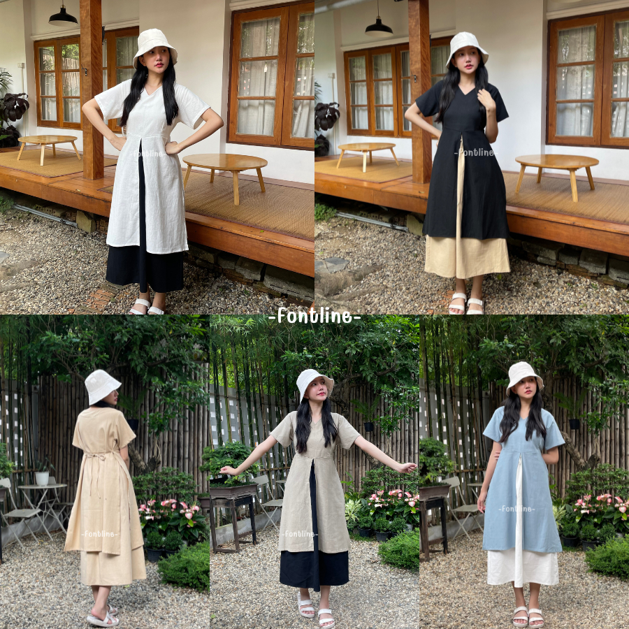 [มี3รอบอก] ชุดเดรสน่ารักสุดชิค เดรสแขนสั้น แหวก3ทาง พรางหุ่น คอวี ผ้าฝ้ายเกรดฟอกนุ่ม ทรงเกาหลีสไตล์มินิมอล (V36) /