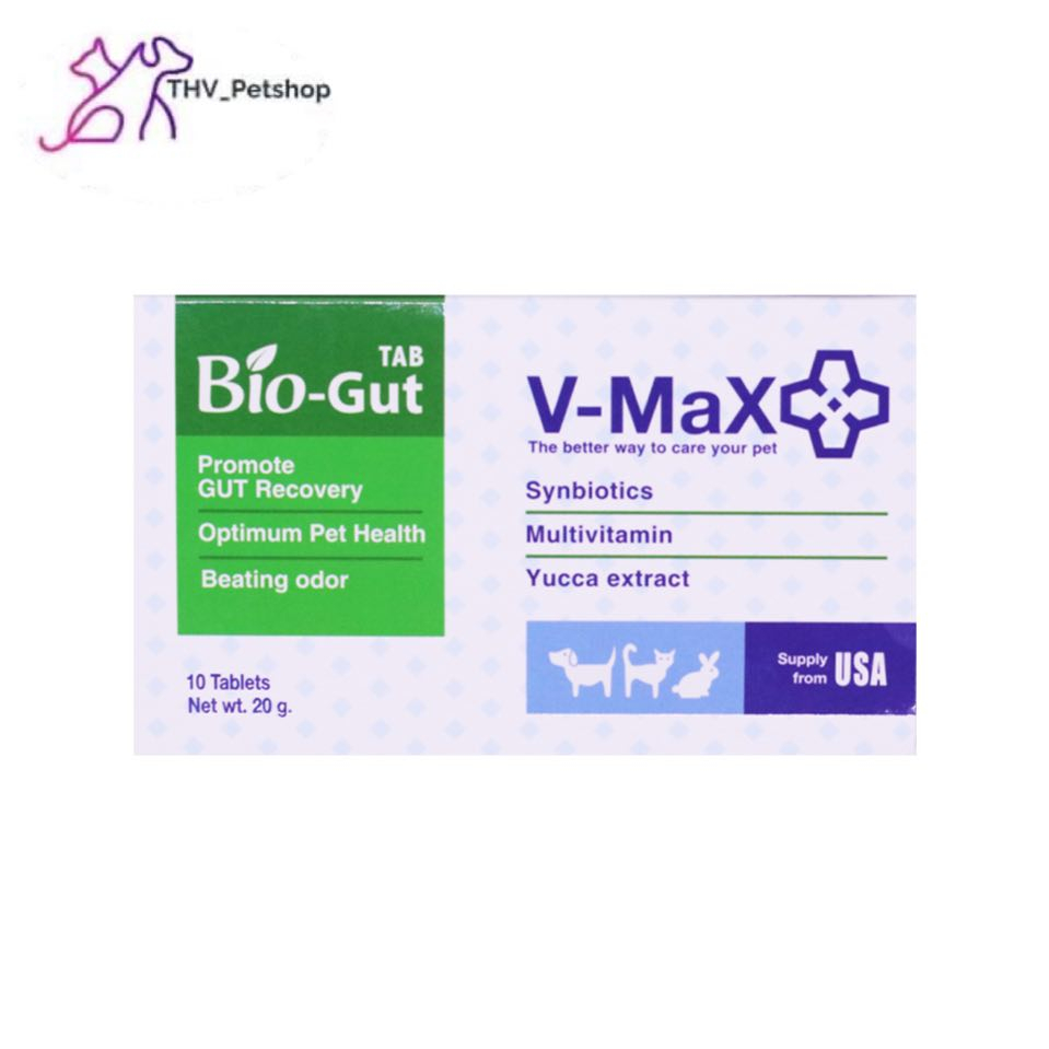 Bio-Gut V-Max 1 แผง 10 เม็ด อาหารเสริมโพรไบโอติกสำหรับสุนัขและแมว ปรับสมดุลสำไล้ ท้องเสีย ท้องผูก ฟื