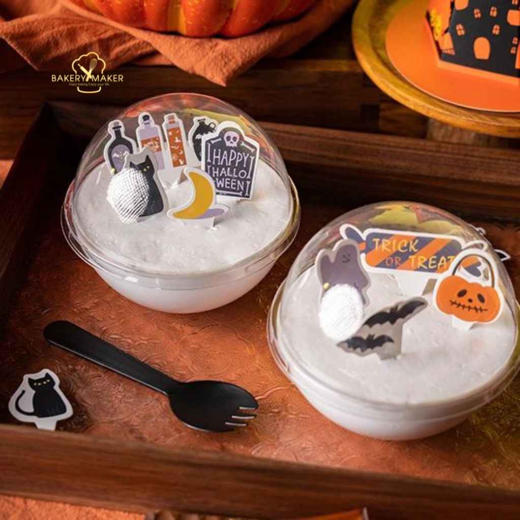 ถ้วยบอลใส โดม Halloween เซ็ทกล่องพลาสติกทรงกลม พร้อมกระดาษหิ้ว 5 ชุด / ถ้วยวุ้น