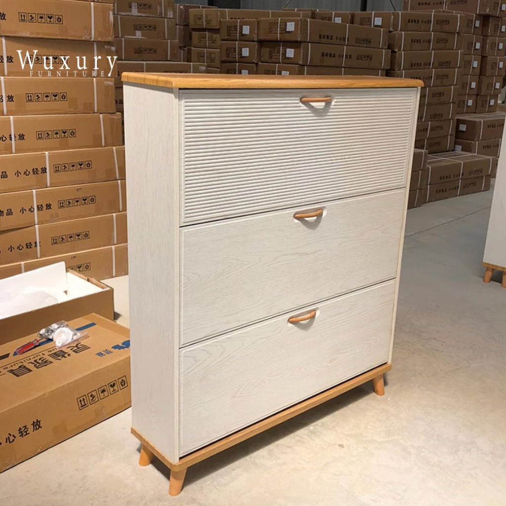Wuxury Furniture  ตู้เก็บรองเท้ามินิมอล ชั้นวางรองเท้าแบบบานเปิด/ปิด 3 ชั้น ตู้มินิมอล ส่งฟรี