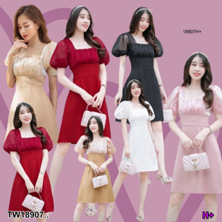 👗Pfashion [ส่งไวมาก🚛]  P18907 เดรสแขนบอลลูน คอเหลี่ยม กระโปรงสีพื้น ..