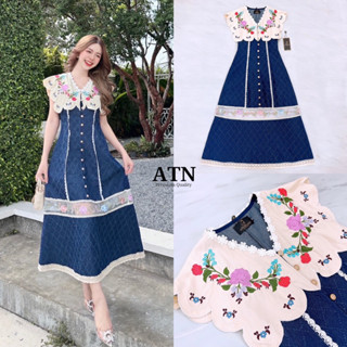 Code : M9 Atn Dress ชุดเดรสยีนส์คอวีปักดอกไม้ สำหรับผู้หญิง ไซส์ Xs-M