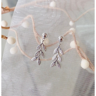 350-leaf earrings 925 sterling silver needle ต่างหูแบบเจาะ หมุดกลมห้อยใบไม้ยาว