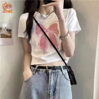 annacny เสื้อยืดสกรีนลายโบว์ 🎀 เสื้อยืดแฟชั่นเท่ห์ๆ มินิมอลน่ารักสุดๆ คอกลมแขนสั้น พร้อมส่ง TS1149