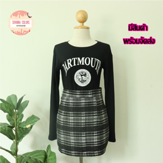 สินค้าขายดี มีสินค้าพร้อมส่ง เสื้อครอปแขนยาว คอกลม เสื้อสีดำ (DARTMOUTR) ทรงวินเทจ แบรนด์H.Mเกาหลี