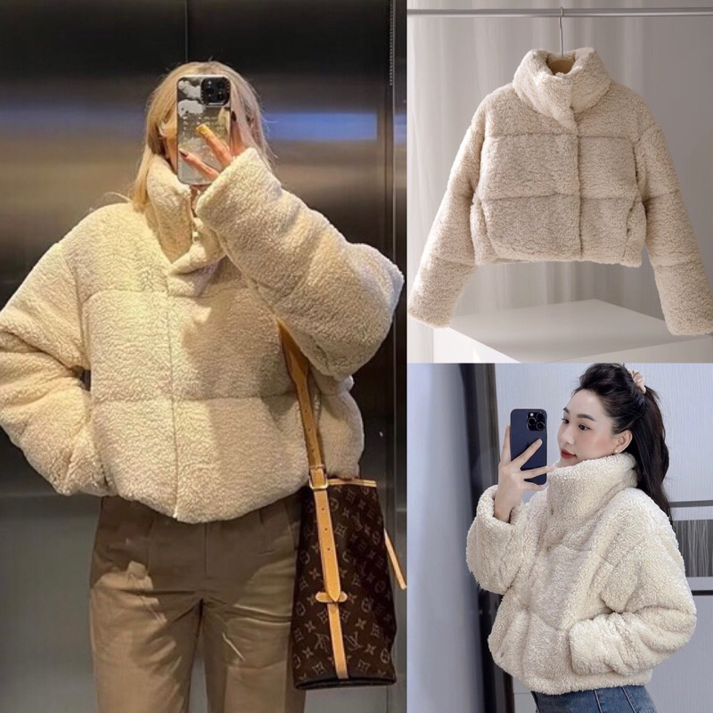 พร้อมส่งที่ไทย | เสื้อกันหนาวขนเฟอร์ตัวสั้น oversize ทรงซิปรูดและกระดุม 2 ชั้นนะคะ