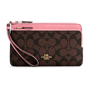 กระเป๋า COACH LARGE DOUBLE CORNER ZIP IN COATED CANVAS AND LEATHER SHELL PINK