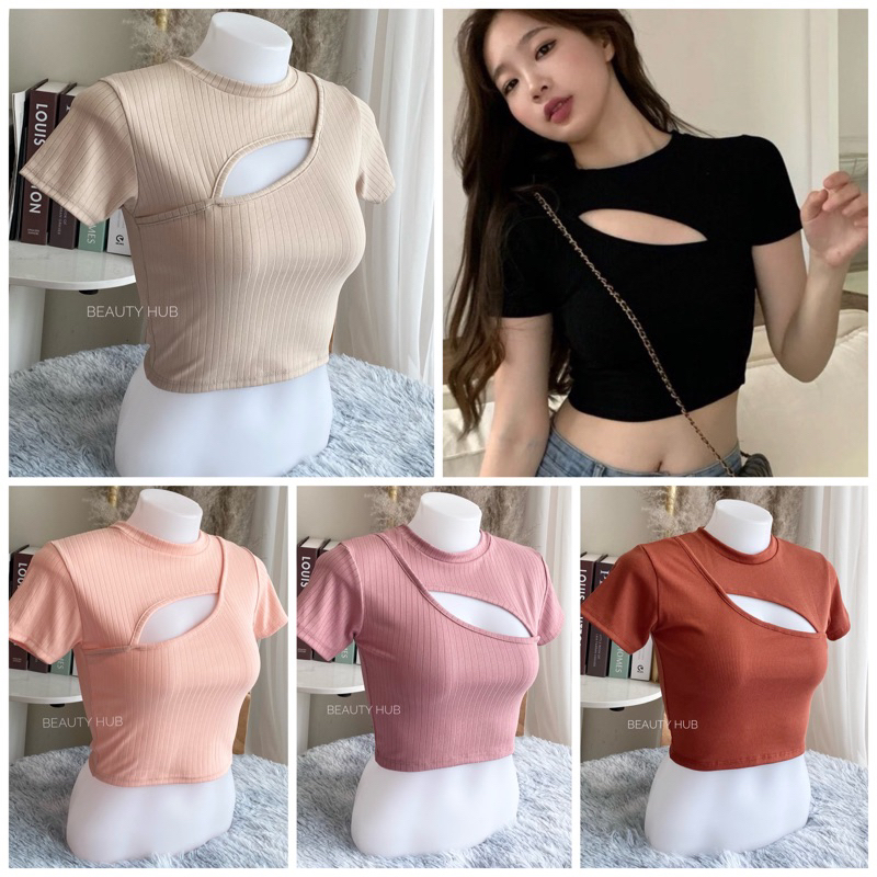 [#079] เสื้อครอป คอกลม อกเว้า ครอปเก๋ ผ้ายืดใส่สบาย สาวๆไม่ควรพลาด❤️