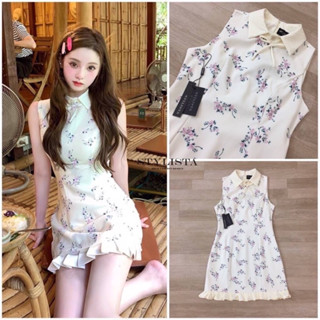 Code : M9 Stylista Dress ชุดเดรสสั้นคอปกแขนกุดลายดอก สำหรับผู้หญิง ไซส์ M-L