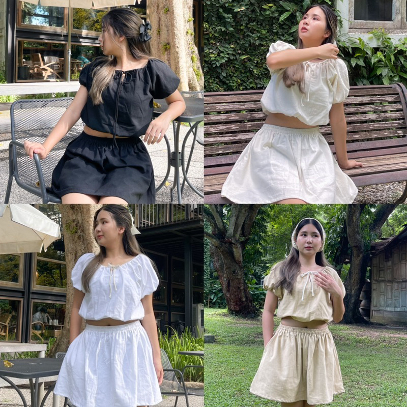 Daria ชุดเซ็ท 2 ชิ้น เสื้อครอปจั๊มเอวและกระโปรงผ้าฝ้ายมินิมอล