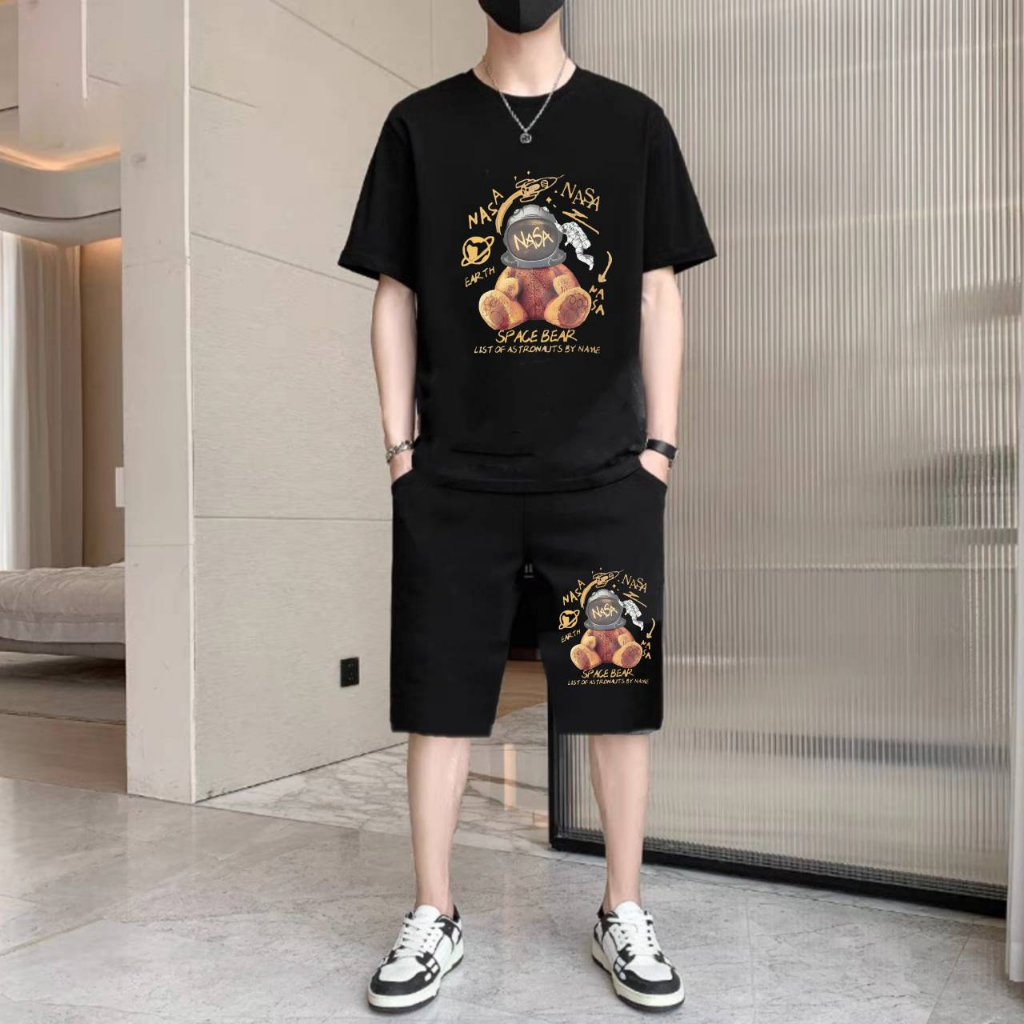 #ชุดผู้ชาย#ชุดเสื้อยืดกับกางเกงขาสั้นราคาพิเศษ+ ลายสกรีนแนวอวกาศ ผ้านิ่ม ใส่สบาย ผ้าไม่ย้วยสีไม่ตกรหัส 2015#กางเกงสีดำ