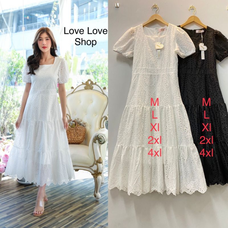 เดรสขาวงานบุญ ชุดไปวัด!!! M-4XL Maxi Dress เดรสสีขาวผ้าฉลุลายแขนพอง งานป้าย