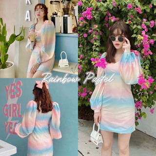 Rainbow Pastel พร้อมส่ง มินิเดรสคอเหลี่ยมสายรุ้ง แขนยาว โทนสีพาสเทล น่ารักมาก งานป้าย