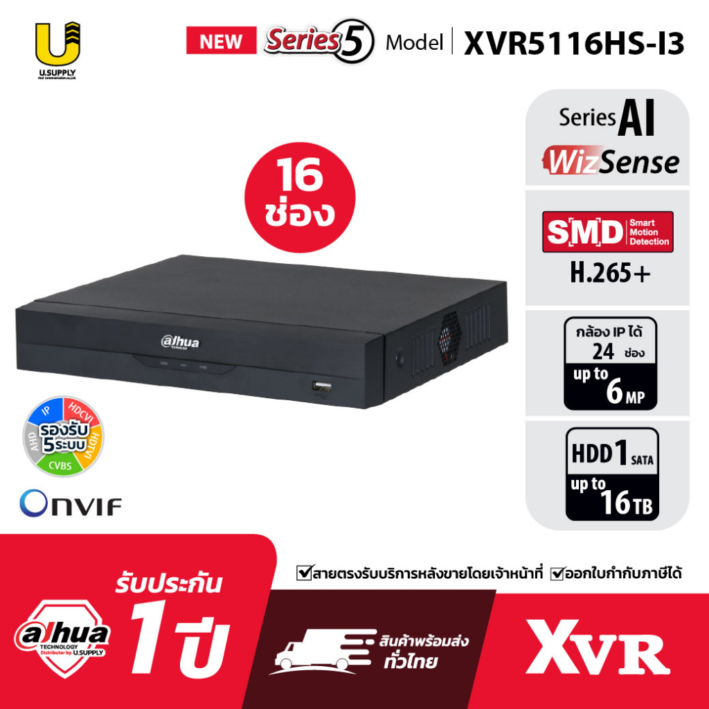 [2.2] มีส่งด่วน!! DAHUA เครื่องบันทึก รุ่น DH-XVR5116HS-I3 เครื่องรับกล้อง16ตัว SMD AI Wizsend รุ่นใหม่