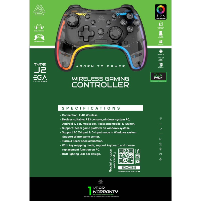 ( TYPE J2 ) EGA จอยเกม Controller TYPE J2 จอยเกมมิ่งไร้สาย ของแท้รับประกันสินค้า 1 ปี