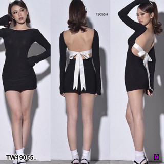 J19055 มินิเดรส เปิดหลังผูกโบว์ แขนยาว Mini dress, open back, bow tie, long sleeves