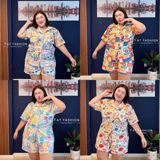 Plus Size ชุดเซท 2 ชิ้นลายน่ารัก เสื้อเชิ้ตแขนสั้น  กางเกงขาสั้น