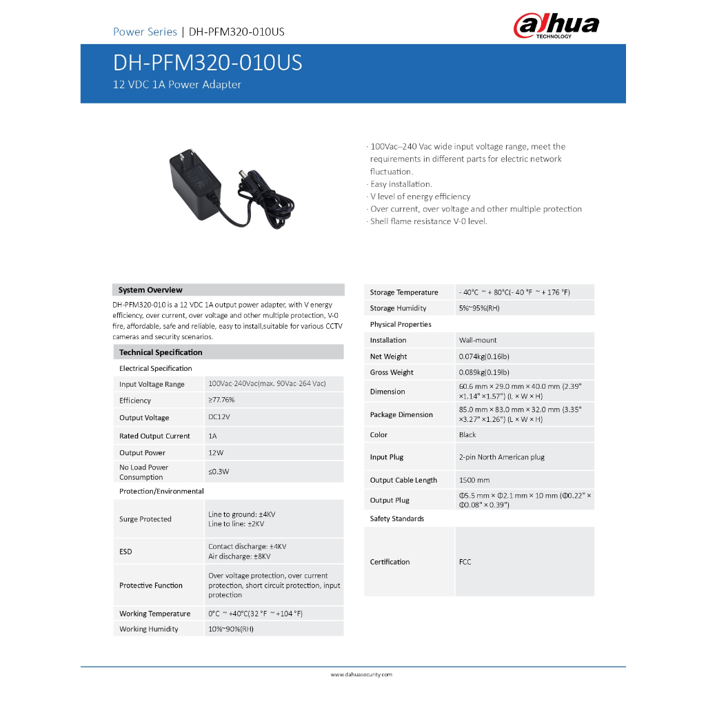 DAHUA Adaptor 12V 1A รุ่น PFM320-010US อะแดปเตอร์สำหรับกล้องวงจรปิด Adapter CCTV - แบบเลือกซื้อ