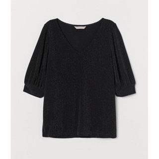 เสื้อคอวีแขนพองๆแต่งกลิตเตอร์ทั้งตัว H&amp;M Glittery V-Neck Top เข้าใหม่  กลิตเตอร์สีดำ #งานตัดป้ายไม่มีผลต่อการใส่ค่ะ#