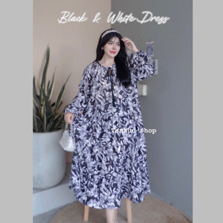 พร้อมส่ง Maxi Dress เดรสลายดอกไม้ โทนสีดำ ทรงปล่อยOversize สไตล์โบฮีเมี่ยน ชุดลายดอกไม้ งานป้ายypy