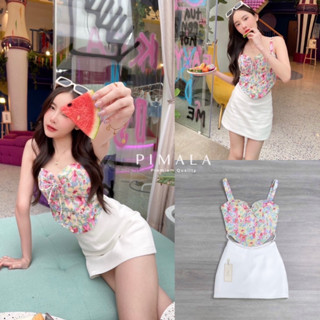 ❣️พร้อมส่ง📌 Pimala เซ็ทเสื้อสายเดี่ยวลายดอกไม้คัลเลอร์ฟูลชายเสื้อเว้า แต่งโบว์ มาคู่กับกระโปรงกางเกง ชุดไปเที่ยว ออกเดท