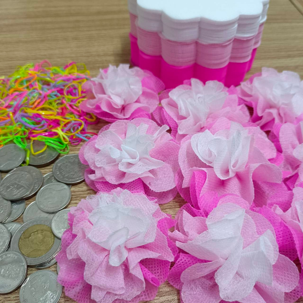 ห่อได้100เหรียญ เซ็ต3ชั้น กระดาษสาห่อเหรียญโปรยทานพร้อมหนังยาง ไล่สีพาสเทล [ขอบดอกไม้ สีชมพู] ใช้พับใส่เหรียญงานทำบุญ