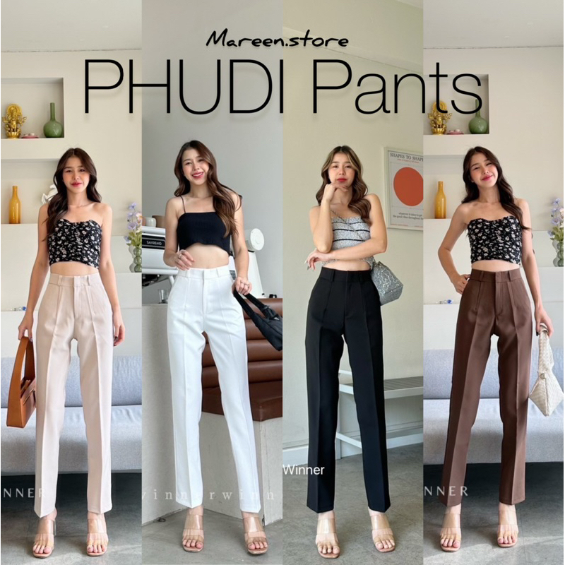 PHUDI กางเกงกระบอกเล็กเอวสูง ผ้าไมโครแท้ไม่บาง ใส่ทำงานใส่เที่ยวพรางหุ่นเก็บพุง