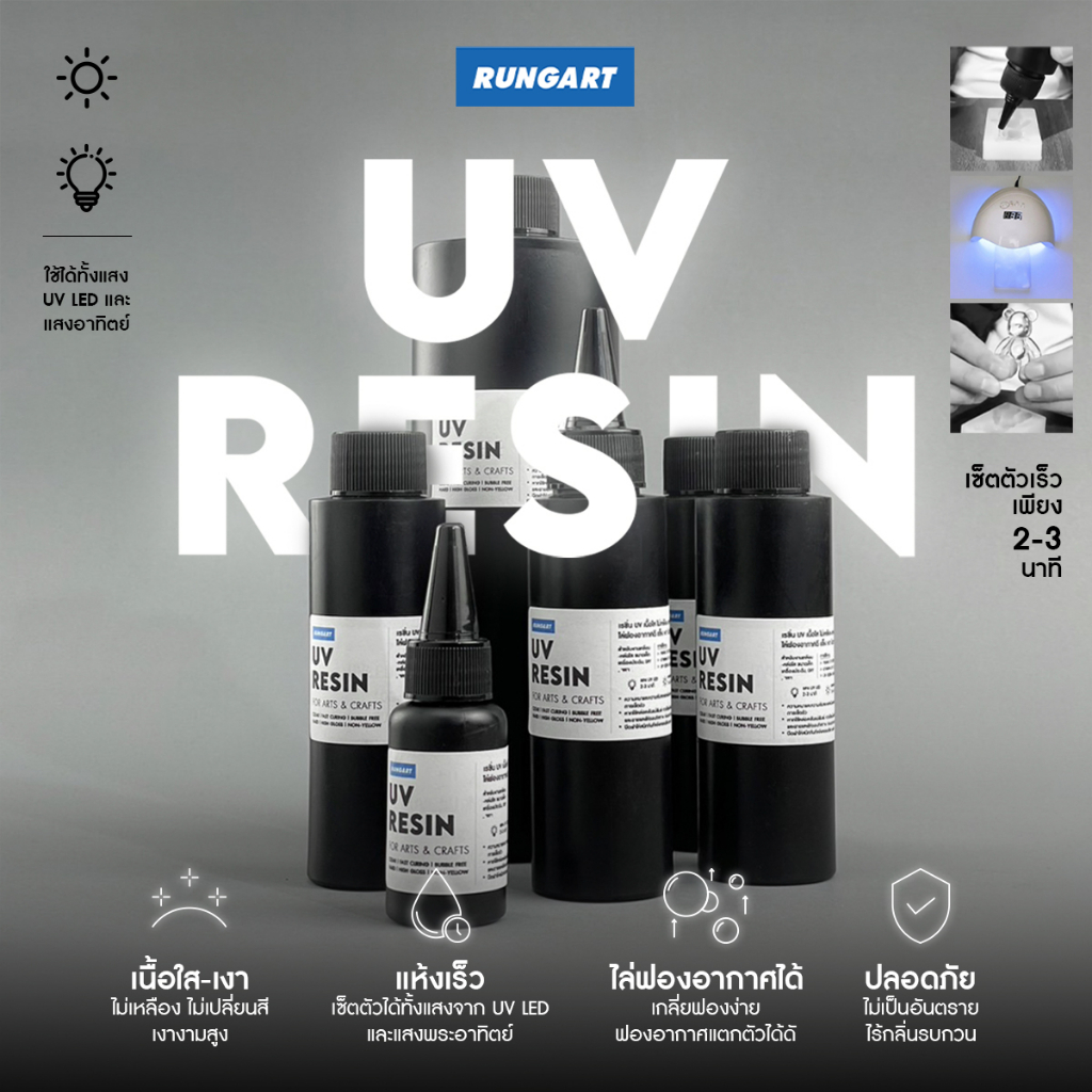 UV RESIN - เรซิ่นยูวี เนื้อใส ไม่เหลือง แห้งเร็วด้วยแสง UV ไล่ฟองอากาศได้ดี เนื้อแข็ง ใส เงา ยึดเกาะ